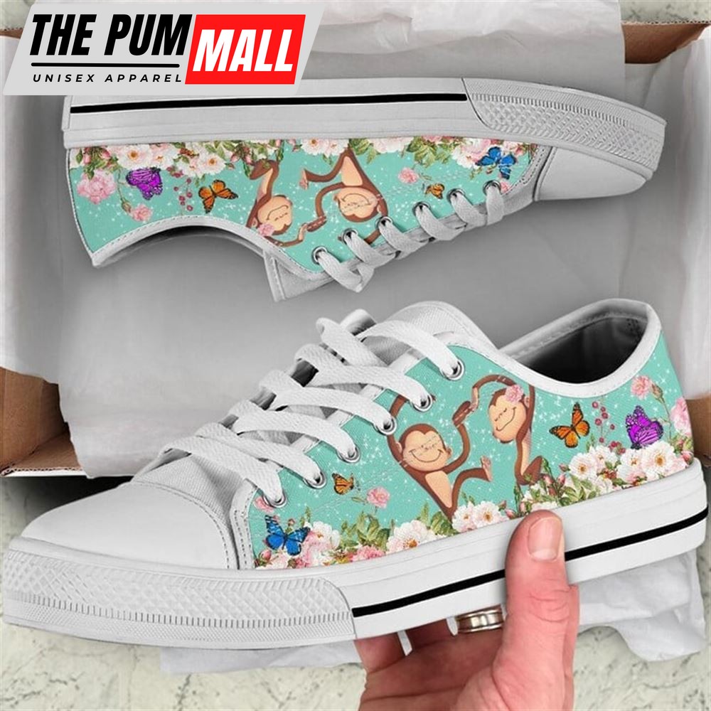 Cute Couple Monkey Love Flower Watercolor Low Top Shoes – Low Top Shoes Mens, Women