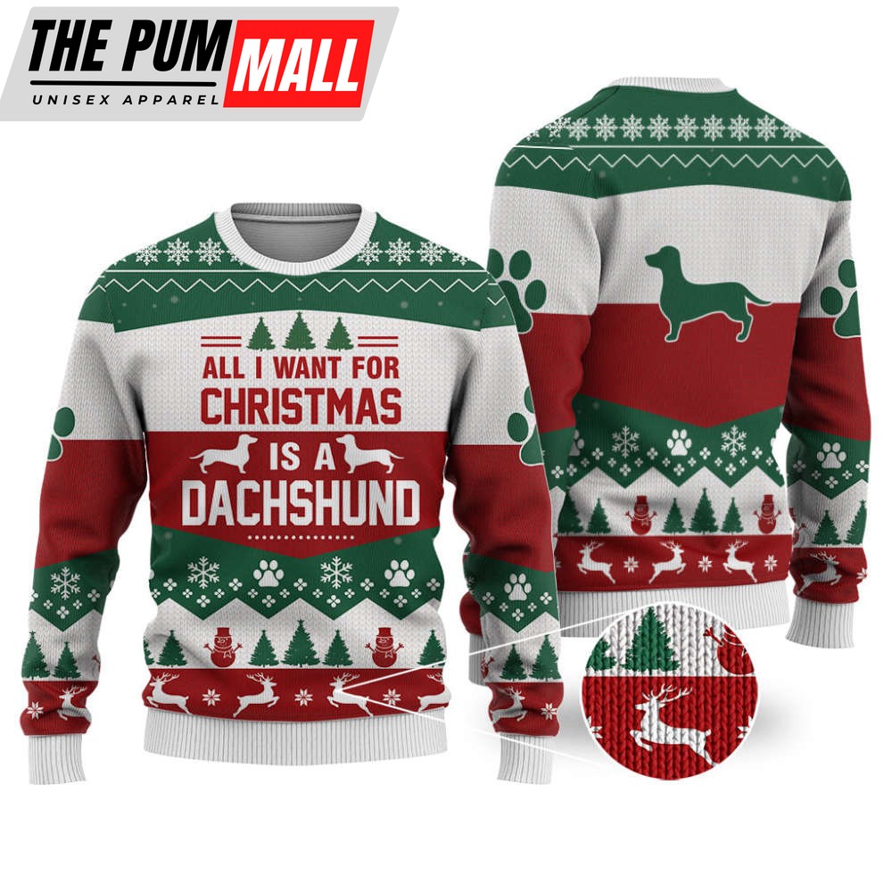 Dachshund Dog 2 All I Want For Christmas Sweater – Festive Knitted Print Sweatshirt Perfect Gift