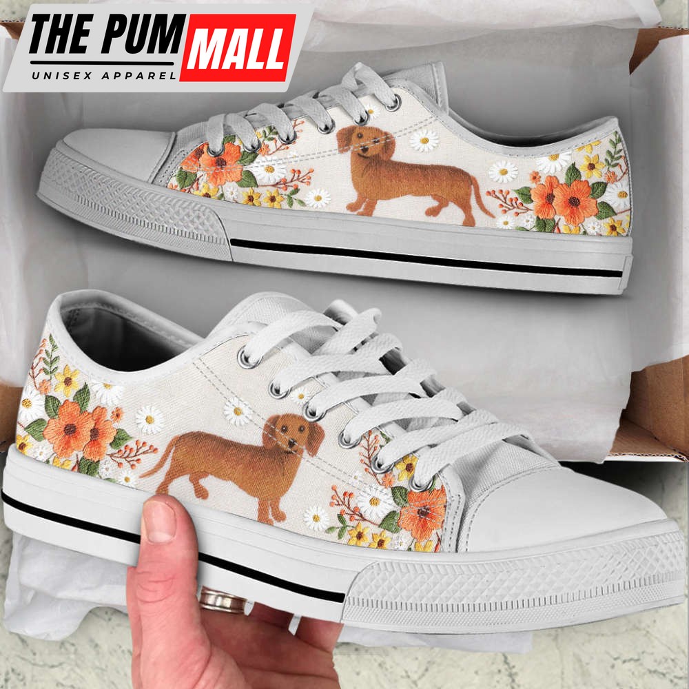 Dachshund Dog Embroidery Floral Low Top Shoes Canvas Sneakers