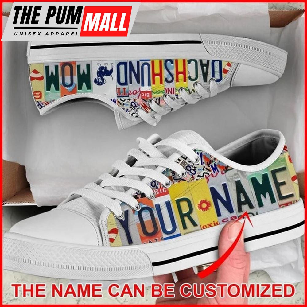 Dachshund Dog Mom License Plates Personalized Canvas Low Top Shoes – Low Top Shoes Mens, Women
