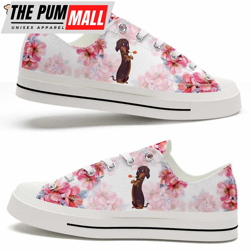 Dachshund Flowers Watercolor Low Top Shoes – Happy International Dog Day Canvas Sneaker – Owners Gift Dog Breeders