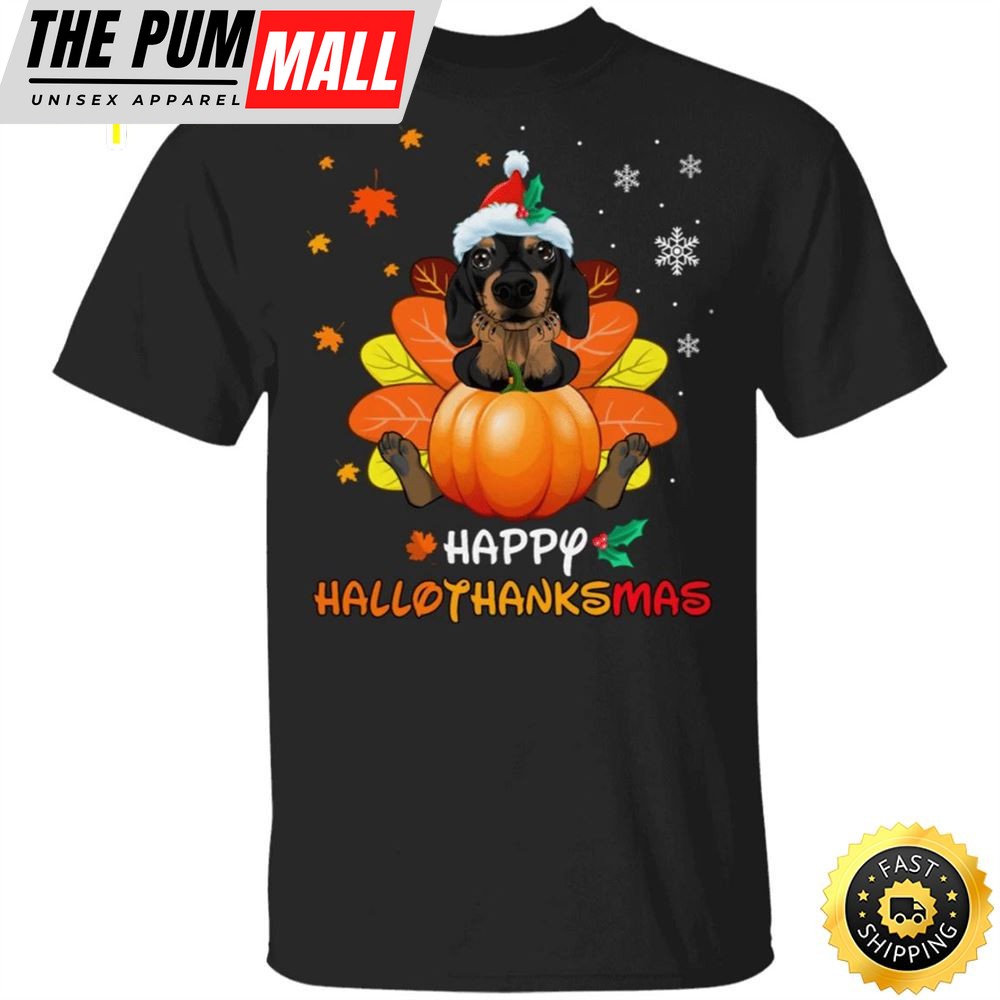 Dachshund Happy Hallothanksmas With Pumpkin T-Shirt Thanksgiving Gifts For Dachshund Lovers