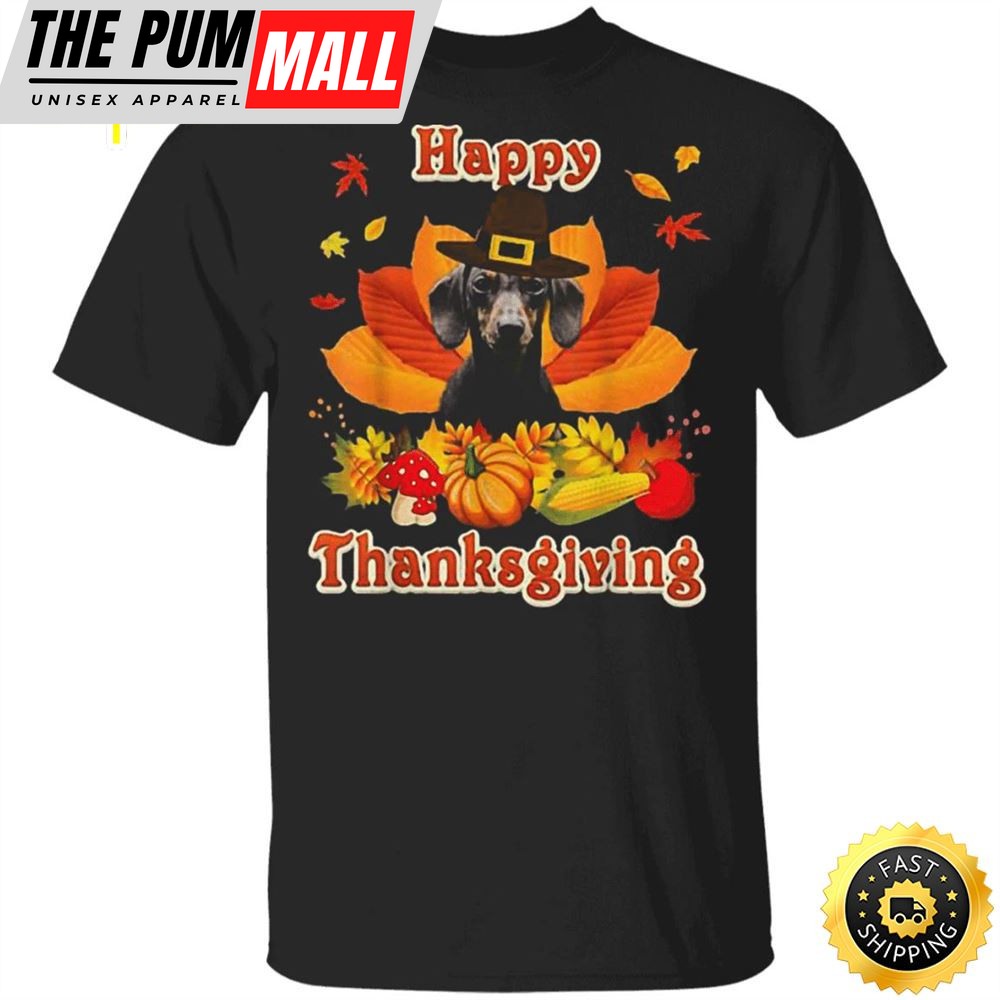 Dachshund Happy Thanksgiving T-Shirt Cute Dog Vintage Fall Designs Weiner Dog Gifts For Unisex