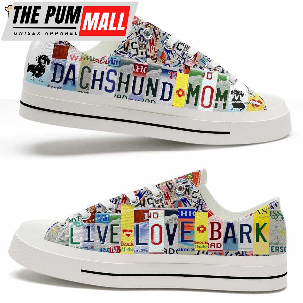 Dachshund Live Love Bark License Plate Low Top Shoes – Happy International Dog Day Canvas Sneaker – Owners Gift Dog Breeders