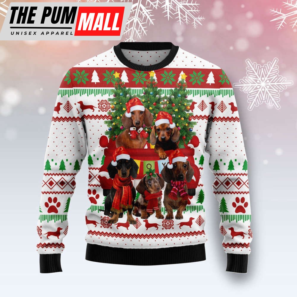 Dachshund Red Truck Ugly Christmas Sweater, Gift For Men And Women