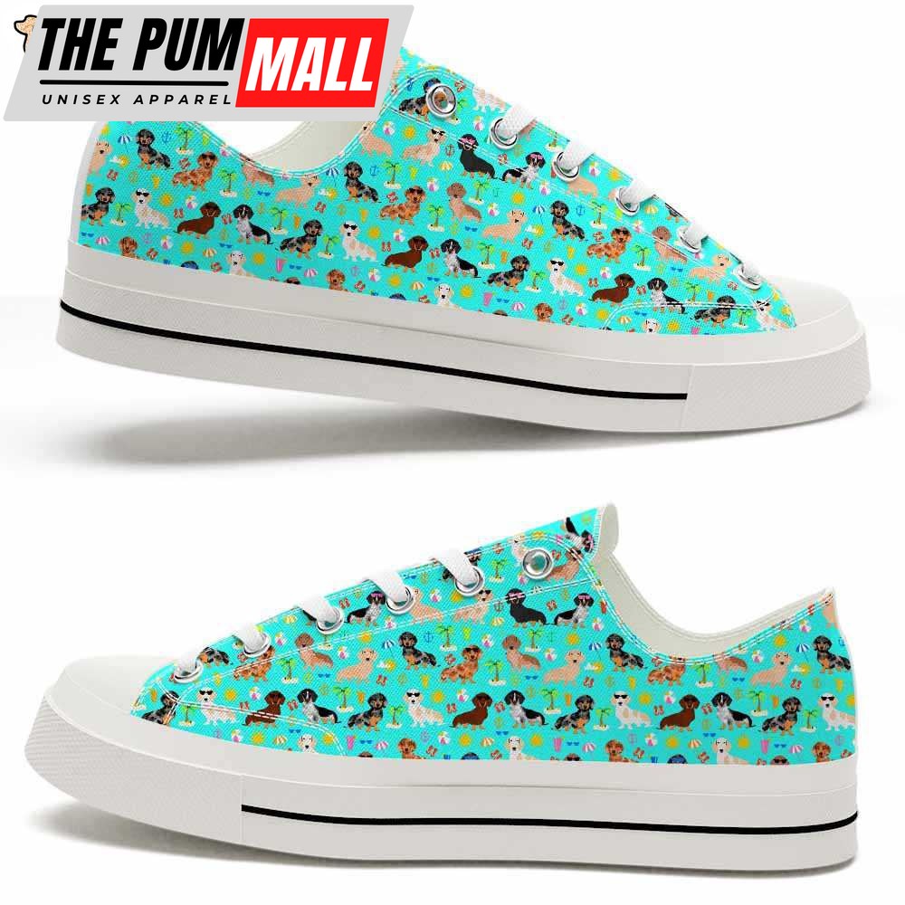 Dachshund Teal Flower Pattern Low Top Shoes – Happy International Dog Day Canvas Sneaker – Owners Gift Dog Breeders