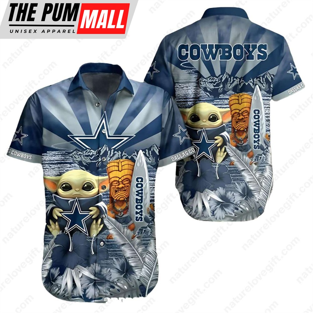 Dallas Cowboys Baby Yoda Hibiscus Tiki Hawaiian Shirt
