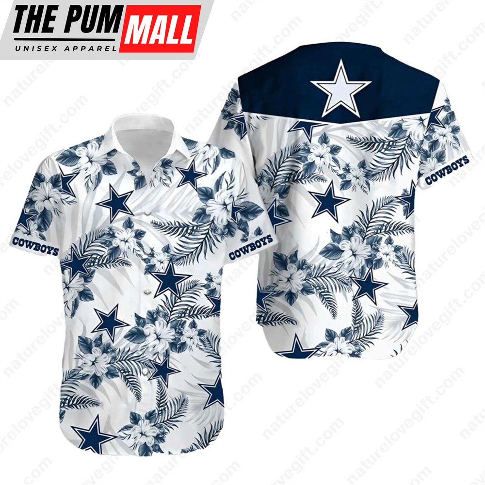 Dallas Cowboys Tropical Leafs Hibiscus Button Up Hawaiian Shirt