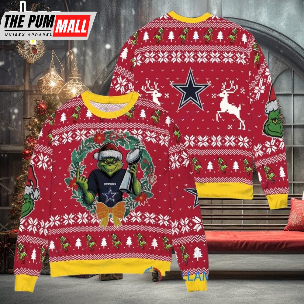 Dallas Cowboys x Grinch NFL Grinch Super Bowl Trophy Ugly Christmas Sweater