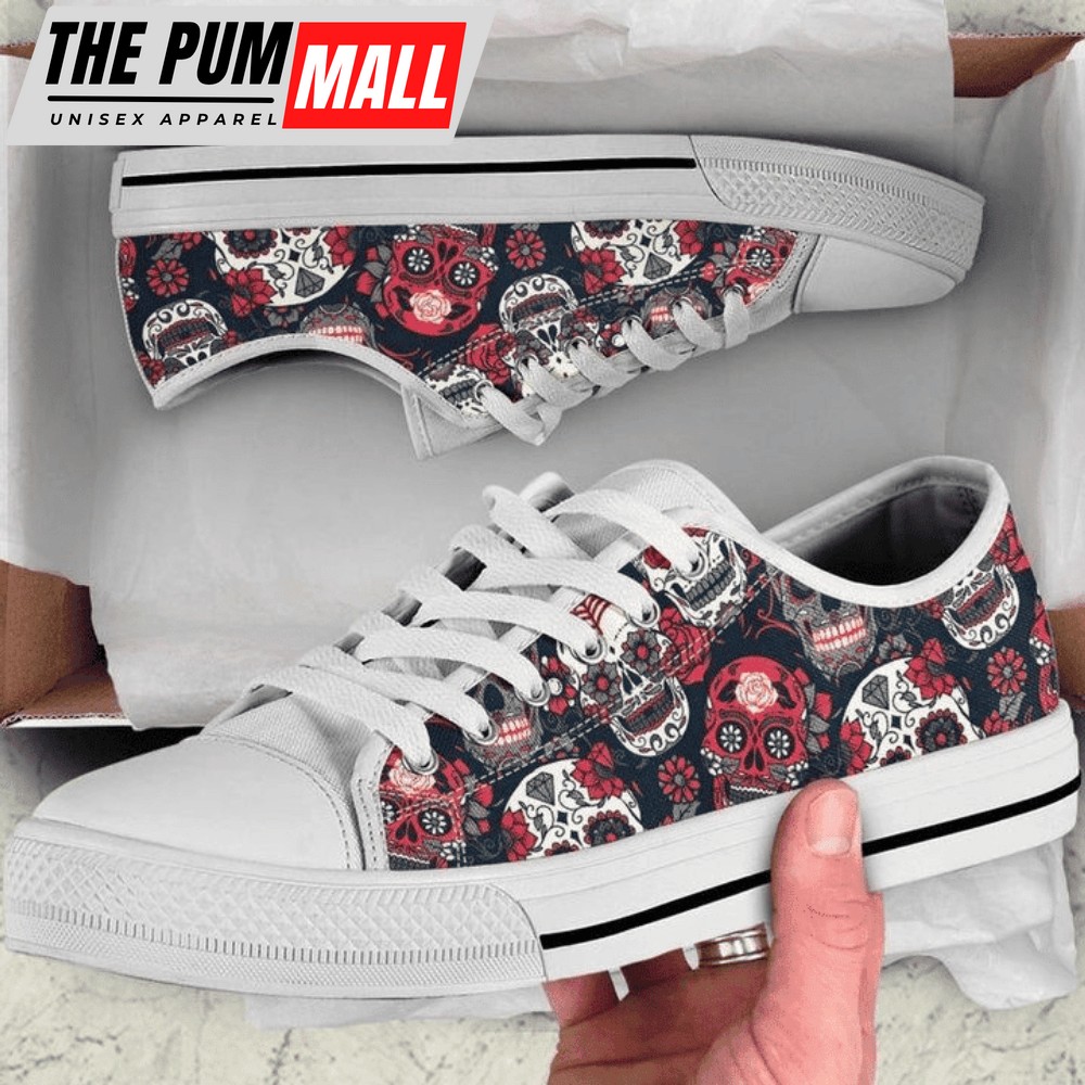 Day Of Dead Read And White Skulls Low Top Shoes PN206176Sb