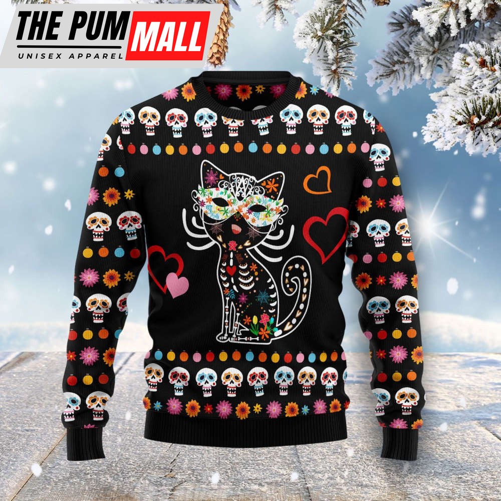 Day Of The Dead Black Cat Ugly Christmas Sweater, Gift For Christmas, Unisex Crewneck Sweater