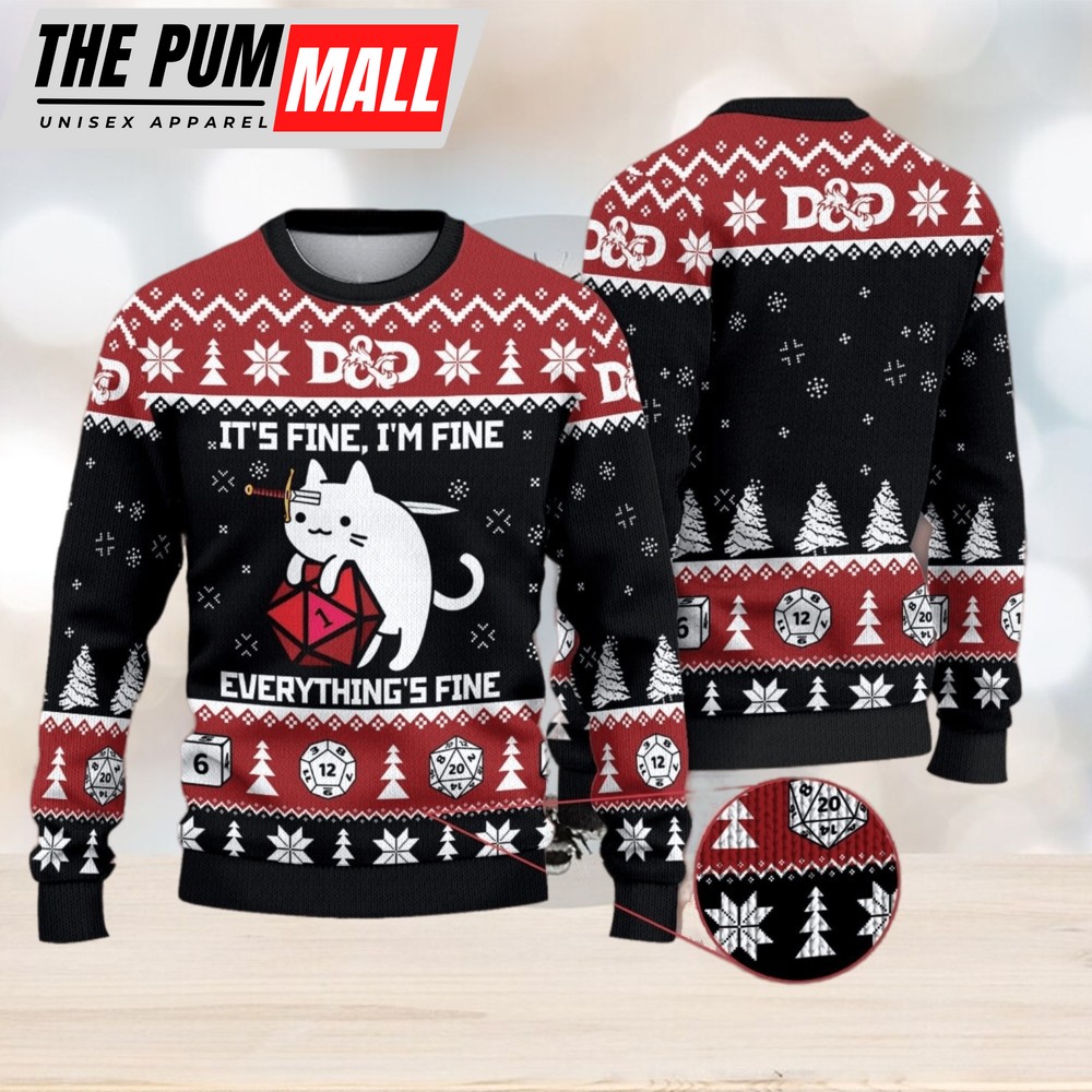 D&D Dragon Woolen Sweater, Funny Cat It’s Fine Everything Fine Ugly Christmas Sweater