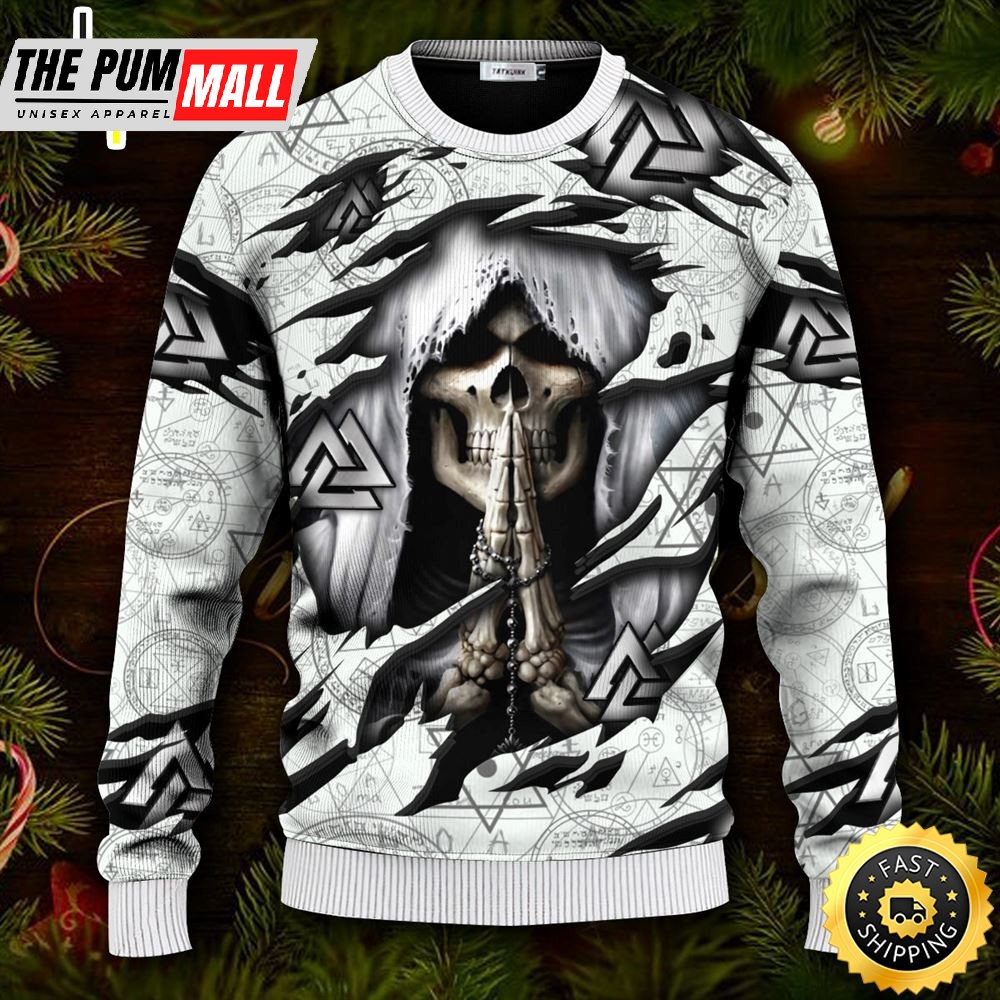 Death Inside Me Valknut Pattern Skull Ugly Christmas Skull Sweater Christmas