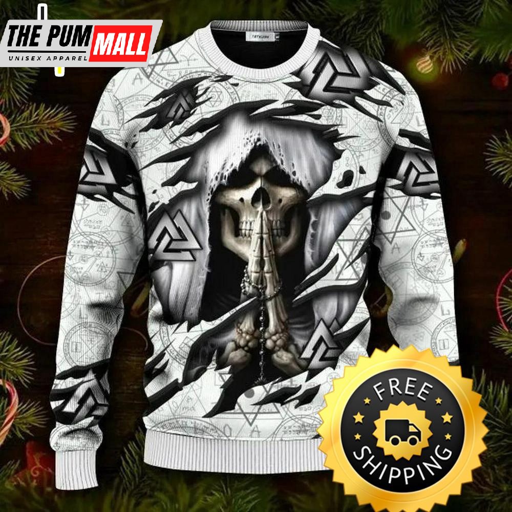 Death Inside Me Valknut Pattern Skull Ugly Christmas Sweater, Skull Ugly Sweater