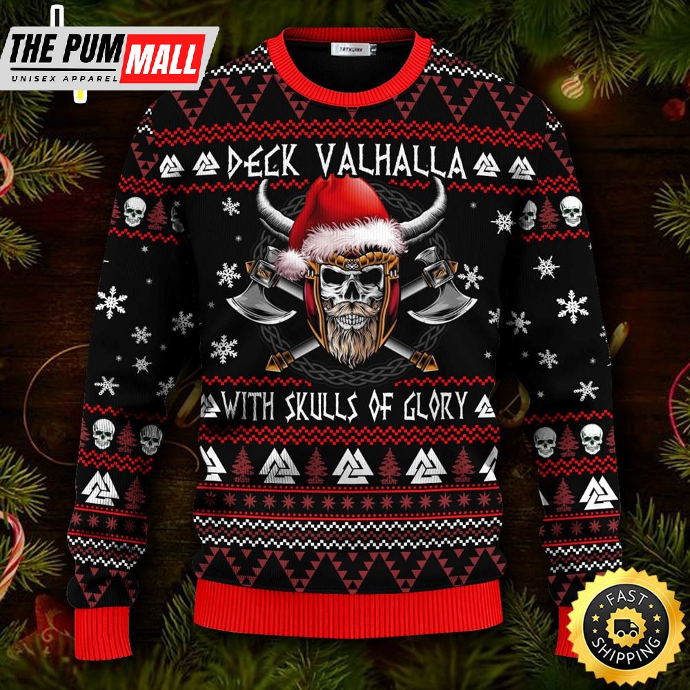 Deck Valhalla With Skulls Of Glory Viking Ugly Christmas Skull Sweater Christmas