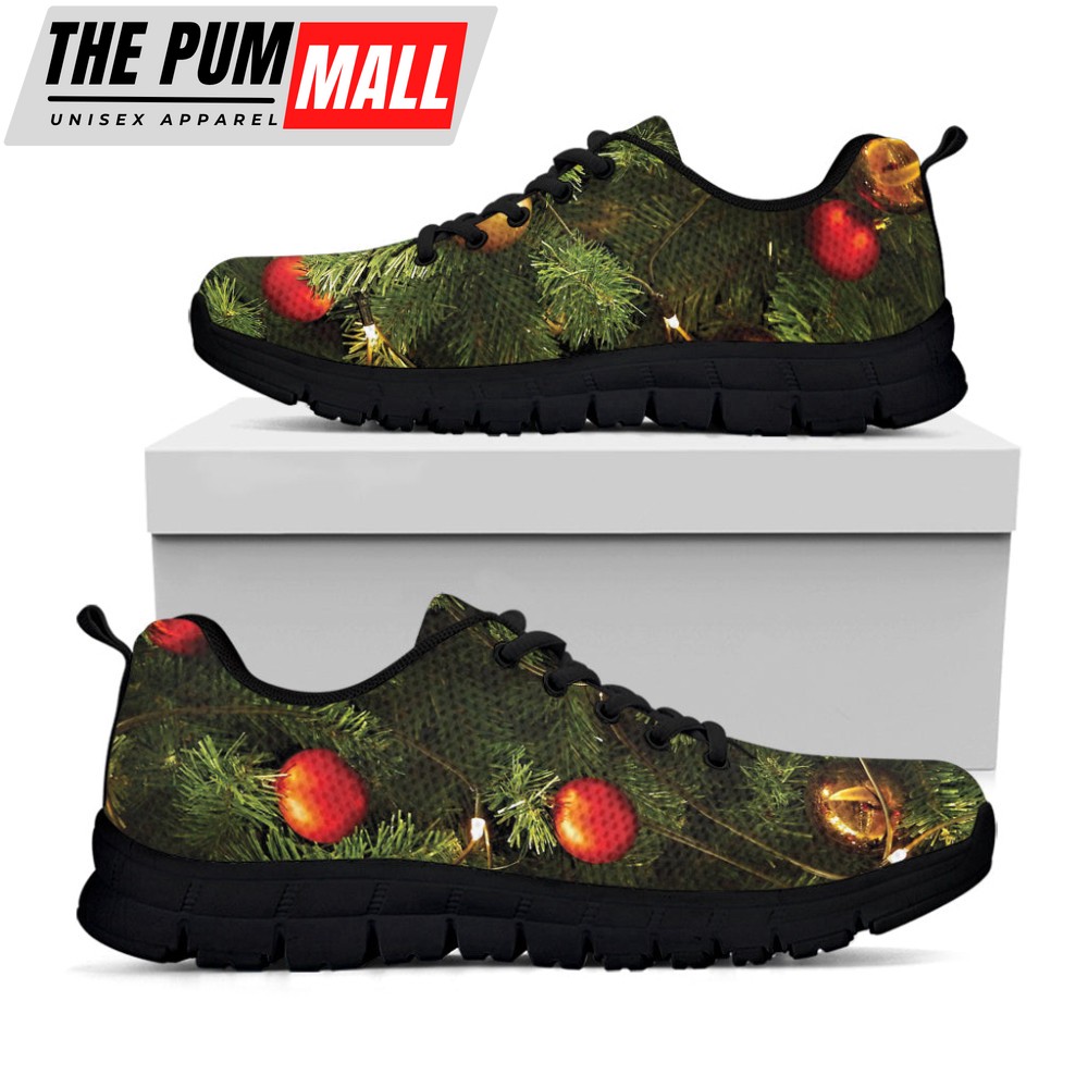 Decorated Christmas Tree Print Black Running Shoes, Gift For Men And Women