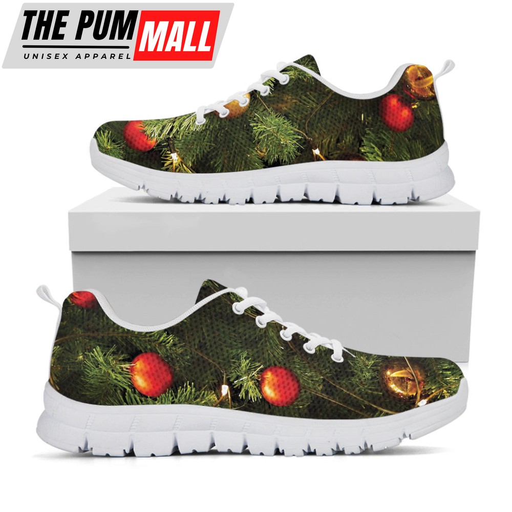Decorated Christmas Tree Print White Running Shoes, Gift For Men And Women