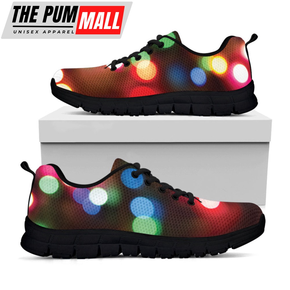 Defocused Christmas Lights Print Black Running Shoes, Gift For Men And Women