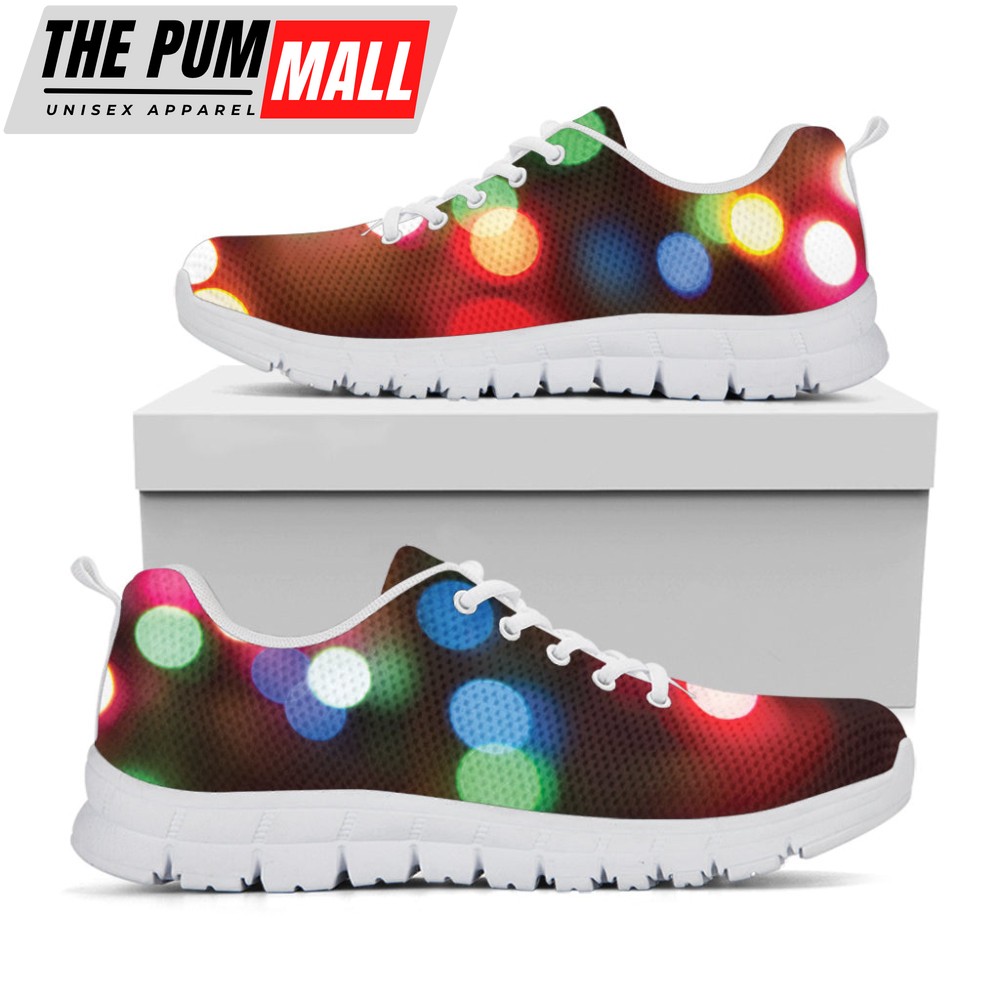 Defocused Christmas Lights Print White Running Shoes, Gift For Men And Women