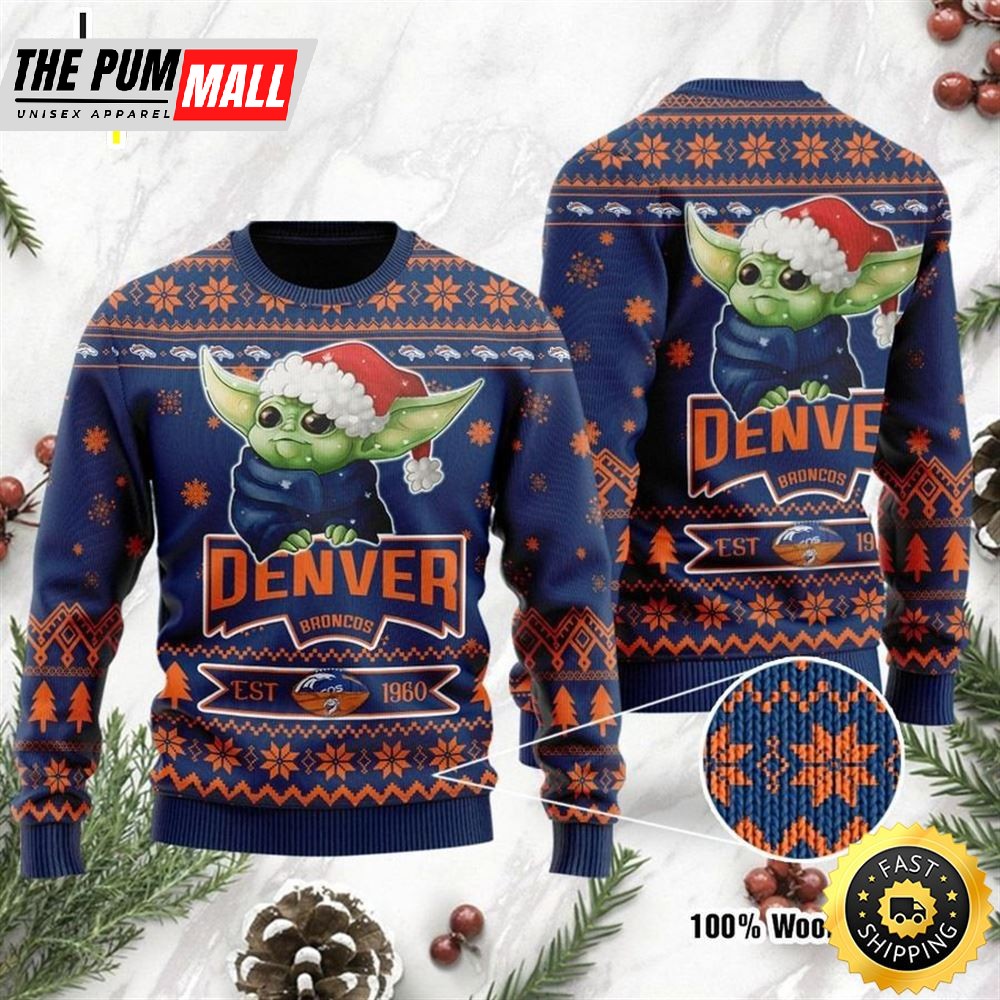 Denver Broncos Cute Baby Yoda Grogu Holiday Party Ugly Christmas Sweater