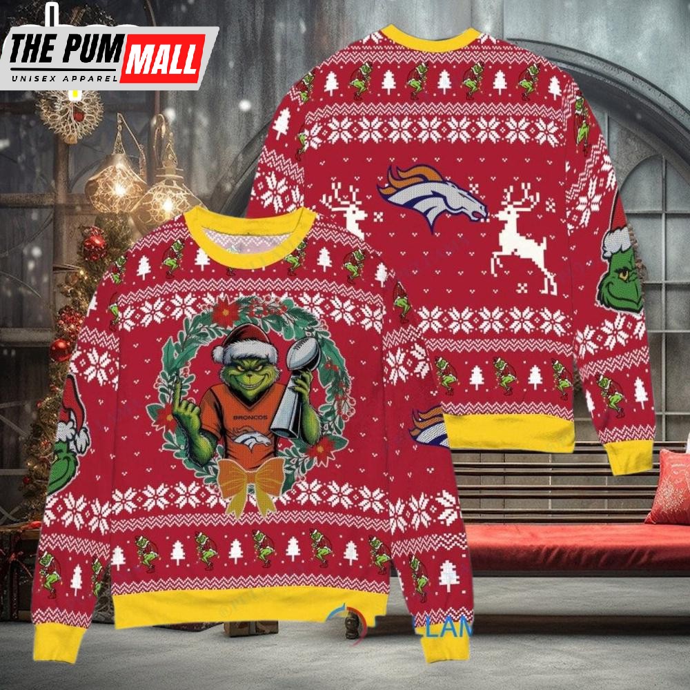 Denver Broncos x Grinch NFL Grinch Super Bowl Trophy Ugly Christmas Sweater