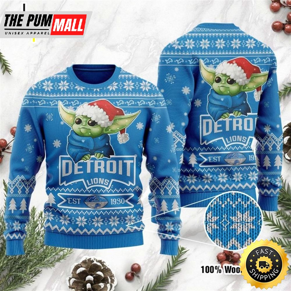 Detroit Lions Cute Baby Yoda Grogu Holiday Party Ugly Christmas Sweater