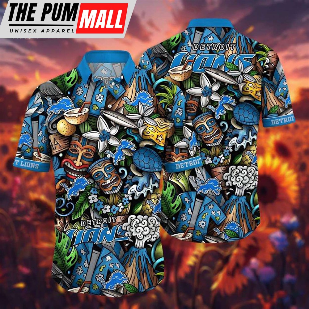 Detroit Lions Tiki Icons Blue Hawaiian Button Up Shirt