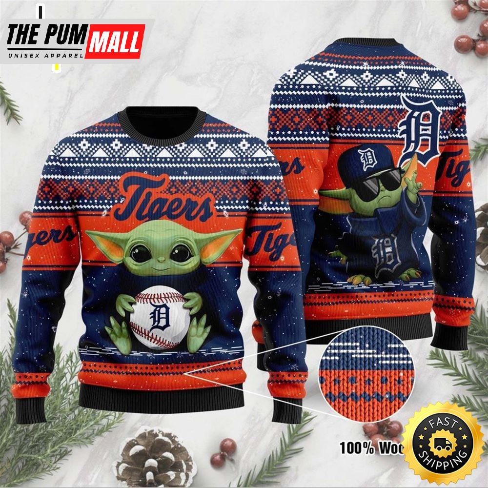 Detroit Tigers Grogu Baby Yoda Hug Logo Ugly Christmas Sweater