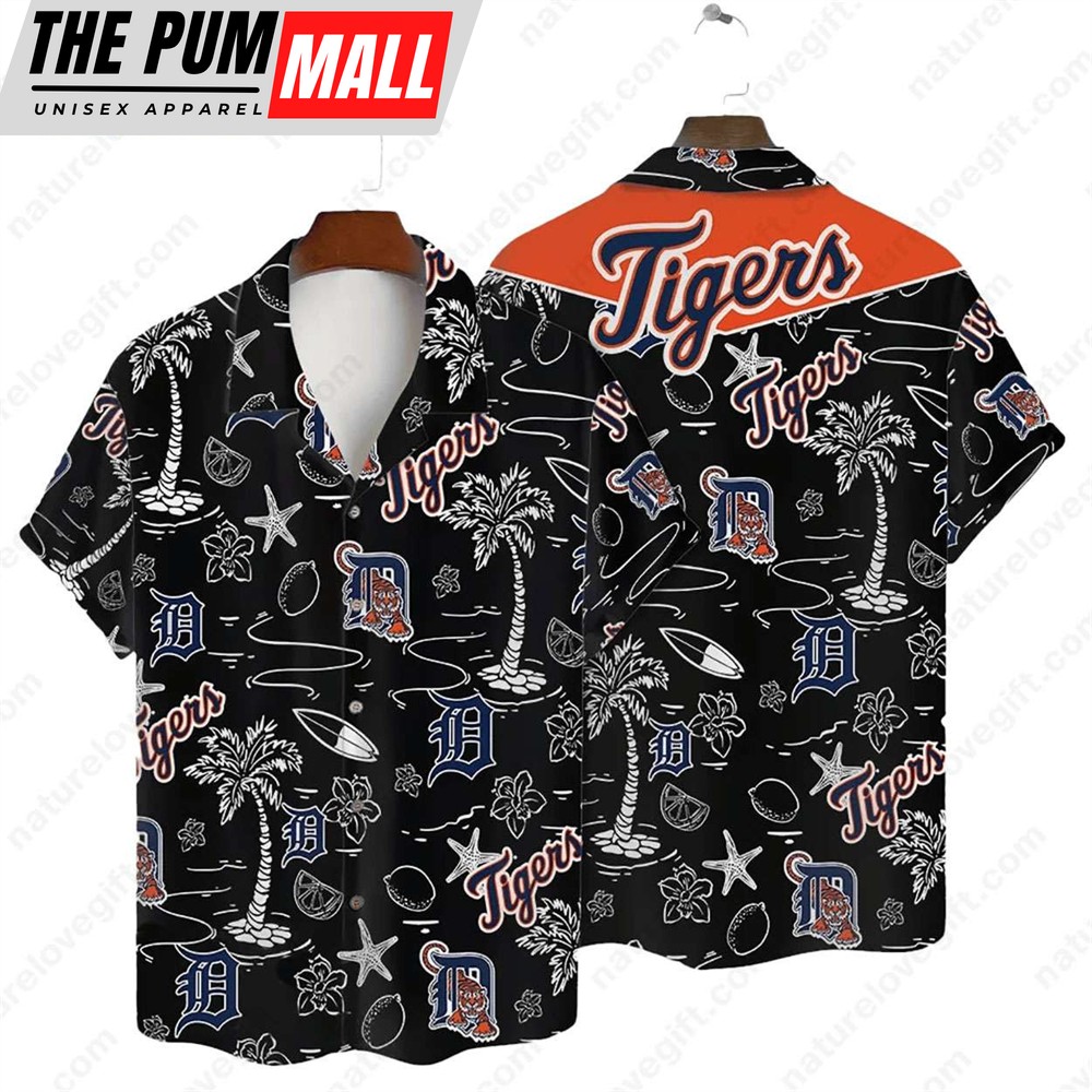 Detroit Tigers Tropical Palms MLB Black Hawaiian Shirt