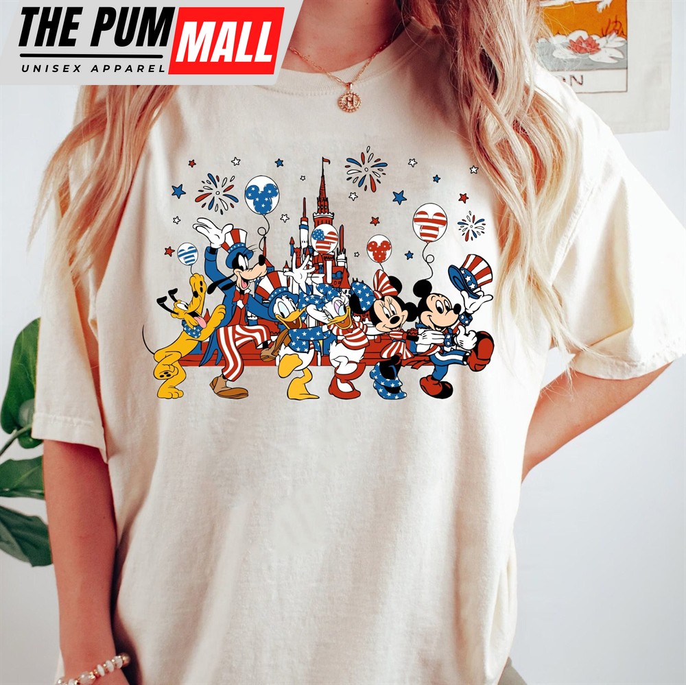 Disney 4th Of July Mickey And Friends Balloons USA Flag Shirt