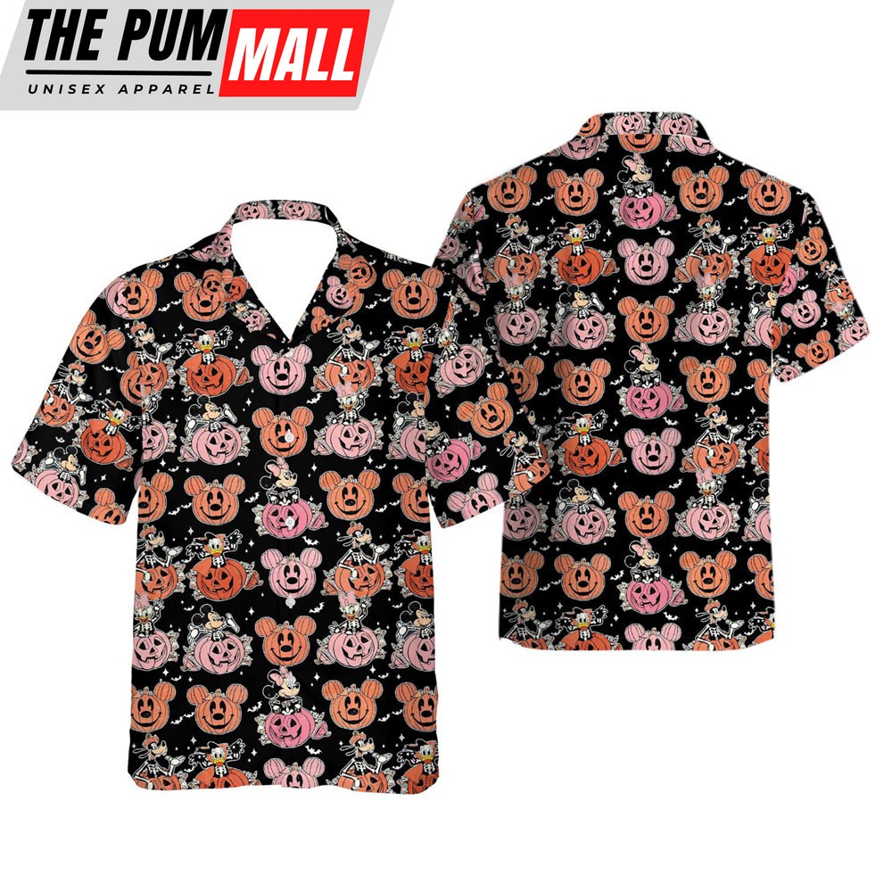 Disney Mickey Skeleton Pumpkin Halloween Hawaiian Shirt, Mickey And Friends Button Down Shirt