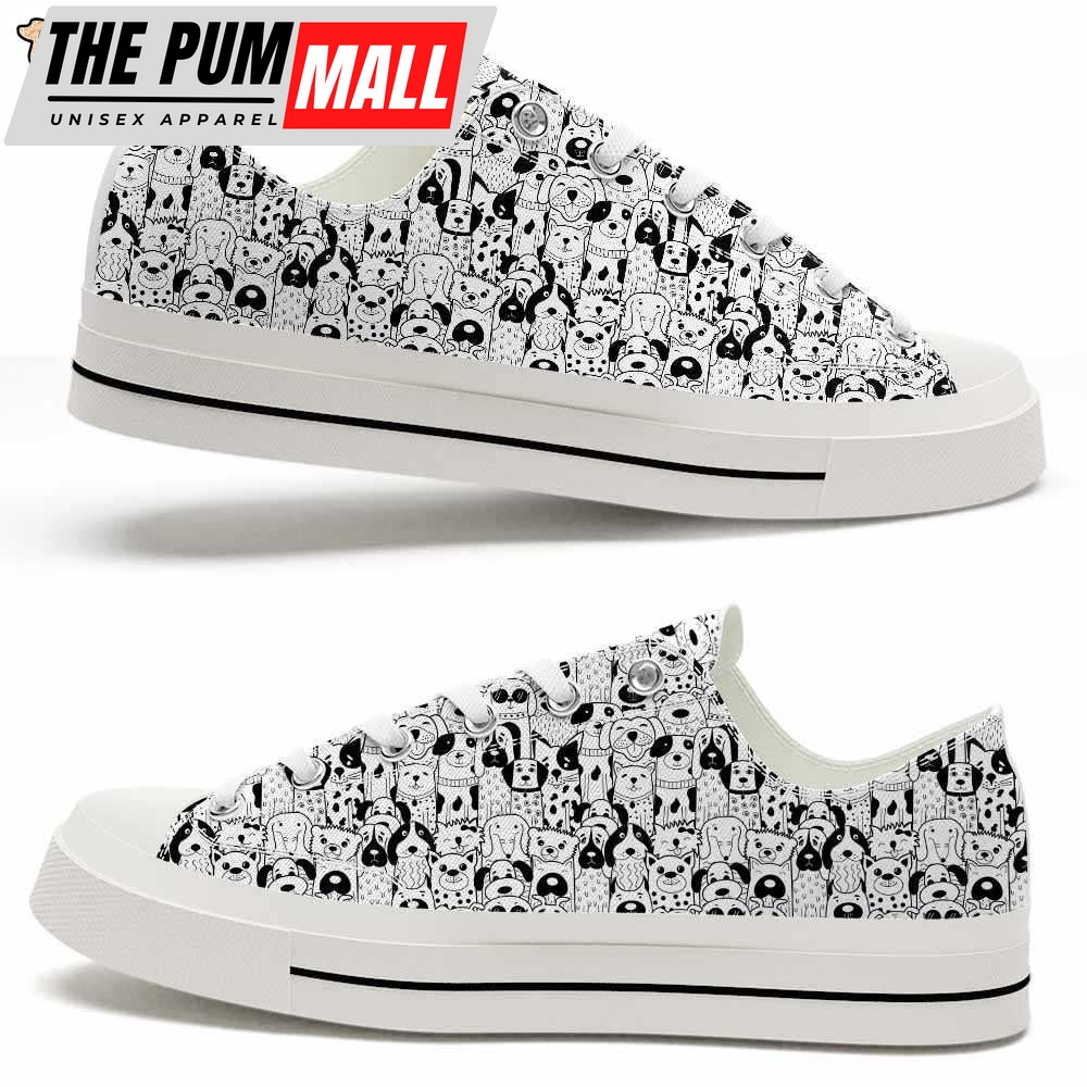 Dog Black White Doodle Pattern Low Top Shoes – Happy International Dog Day Canvas Sneaker – Owners Gift Dog Breeders