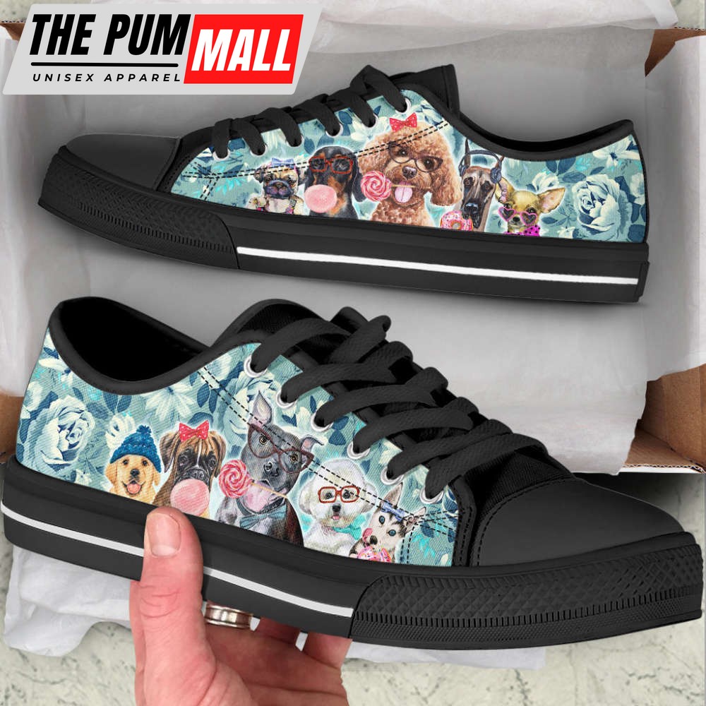 Dog Flowers Pattern Low Top Shoes Canvas Sneakers Casual Shoes