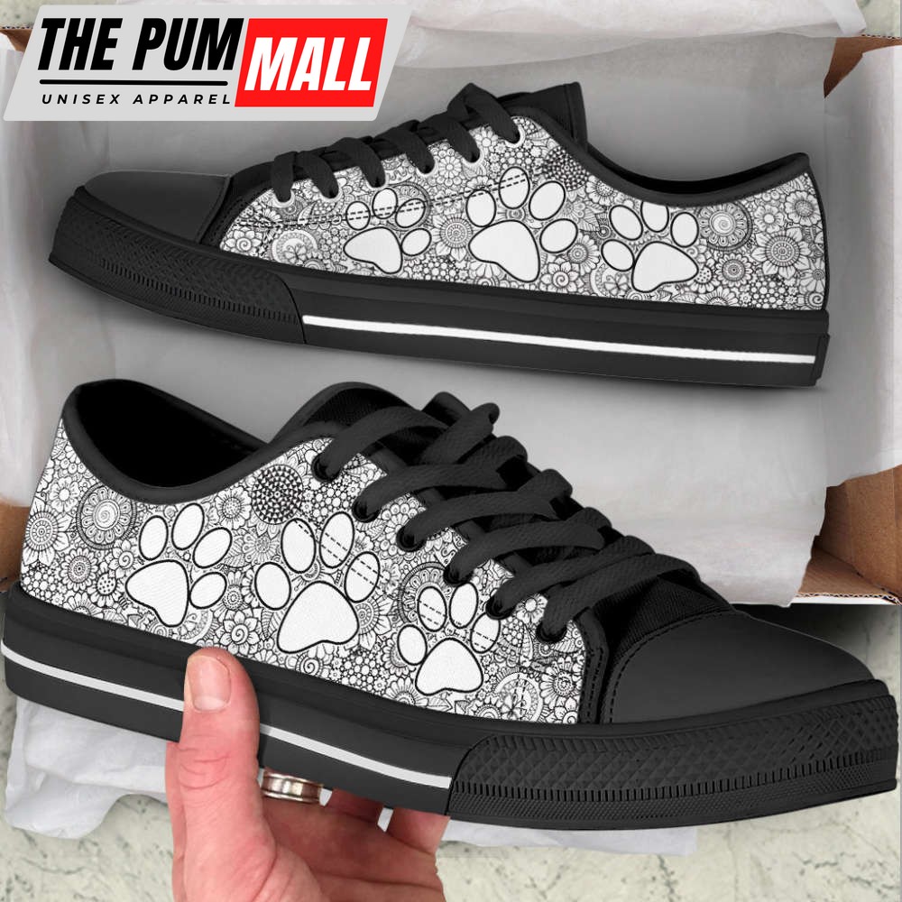 dog-paw-print-grey-floral-low-top-shoes-canvas-sneakers-casual-shoes-eceknbey Dog Paw Print Grey Floral Low Top Shoes Canvas Sneakers Casual Shoes