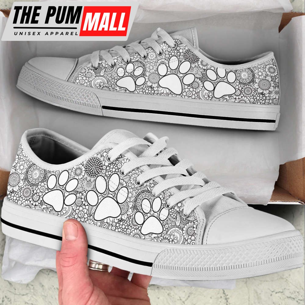 Dog Paw Print Grey Floral Low Top Shoes Canvas Sneakers Casual Shoes