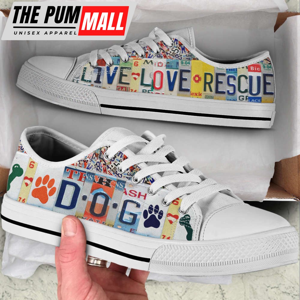Dog Paw Print Live Love Rescue License Plates Low Top Shoes Canvas Sneakers