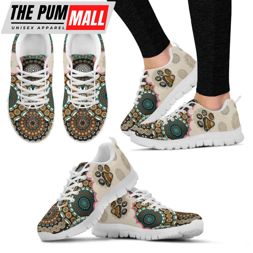 Dog Paw Print Shoes Vintage Mandala Sneakers Walking Running Lightweight Casual Shoes For Pet Lover