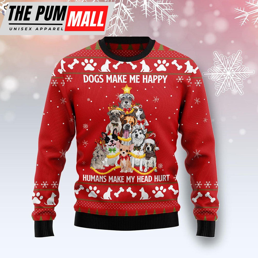 Dogs Make Me Happy Dog Tree Ugly Christmas Sweater – Gifts For Dog Lovers