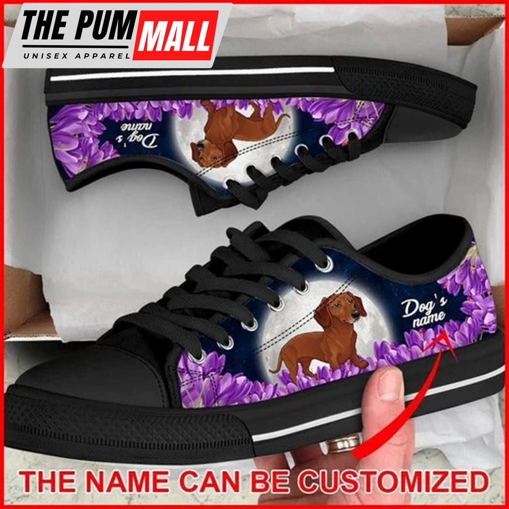 Dog’s name Dachshund Purple Flower Personalized Canvas Low Top Shoes – Low Top Shoes Mens, Women