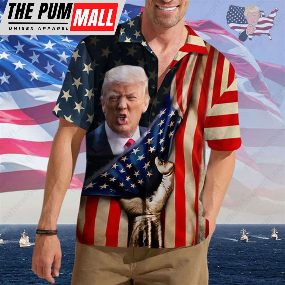 Donald Trump Photo American Flag 4th of July Hawaiian Shirt