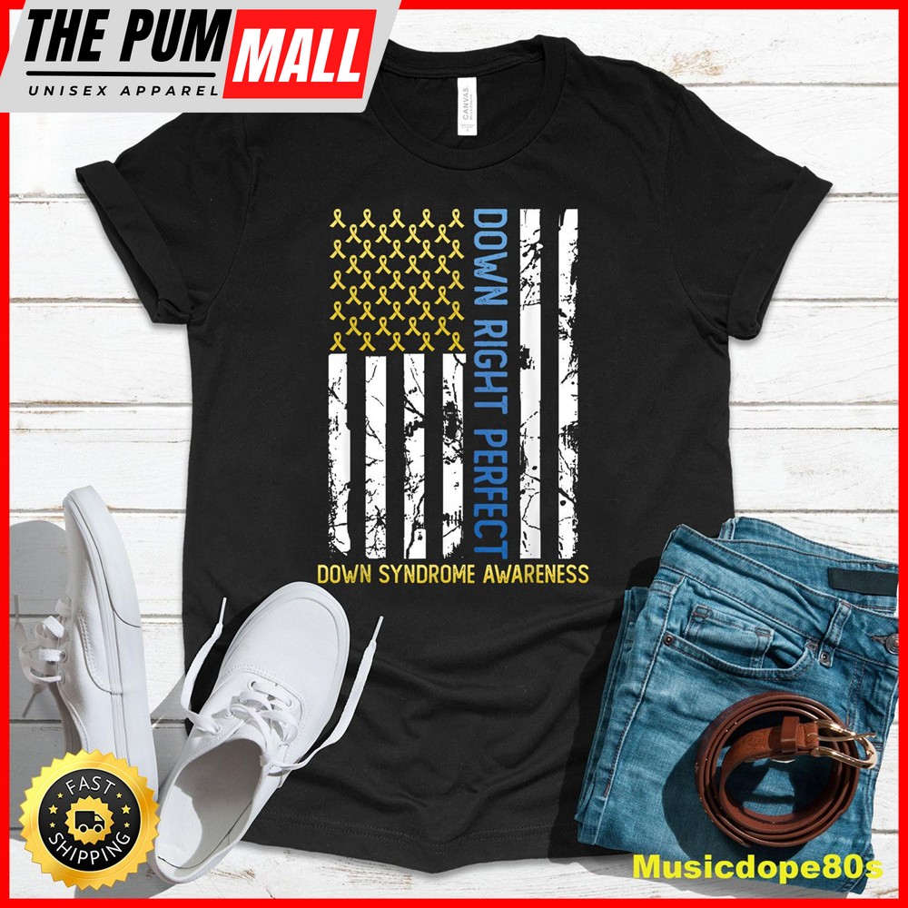 Down Right Perfect Yellow & Blue American Flag Down Syndrome T-Shirt