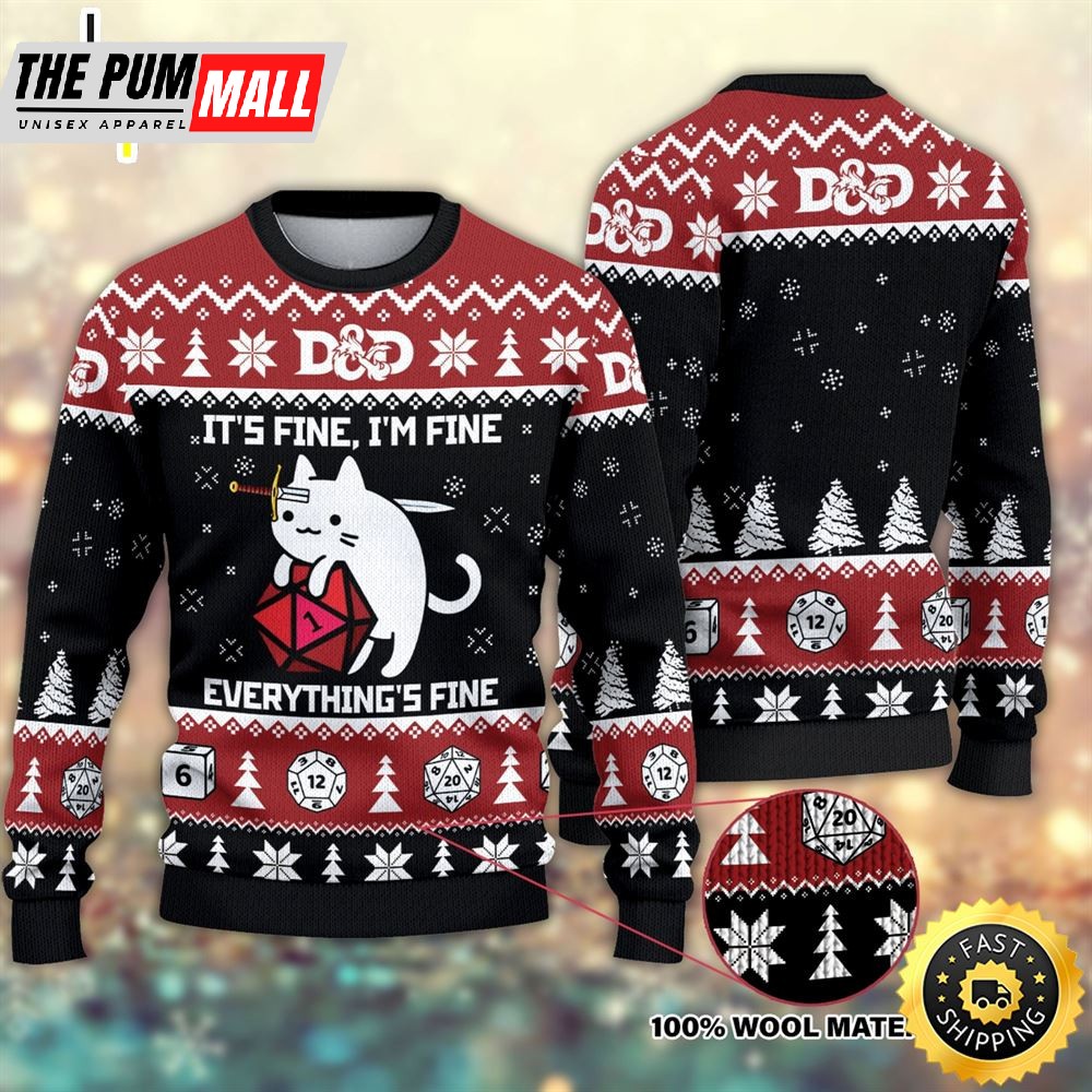 Dragon Funny Cat It’s Fine Everything Ugly Christmas Sweater