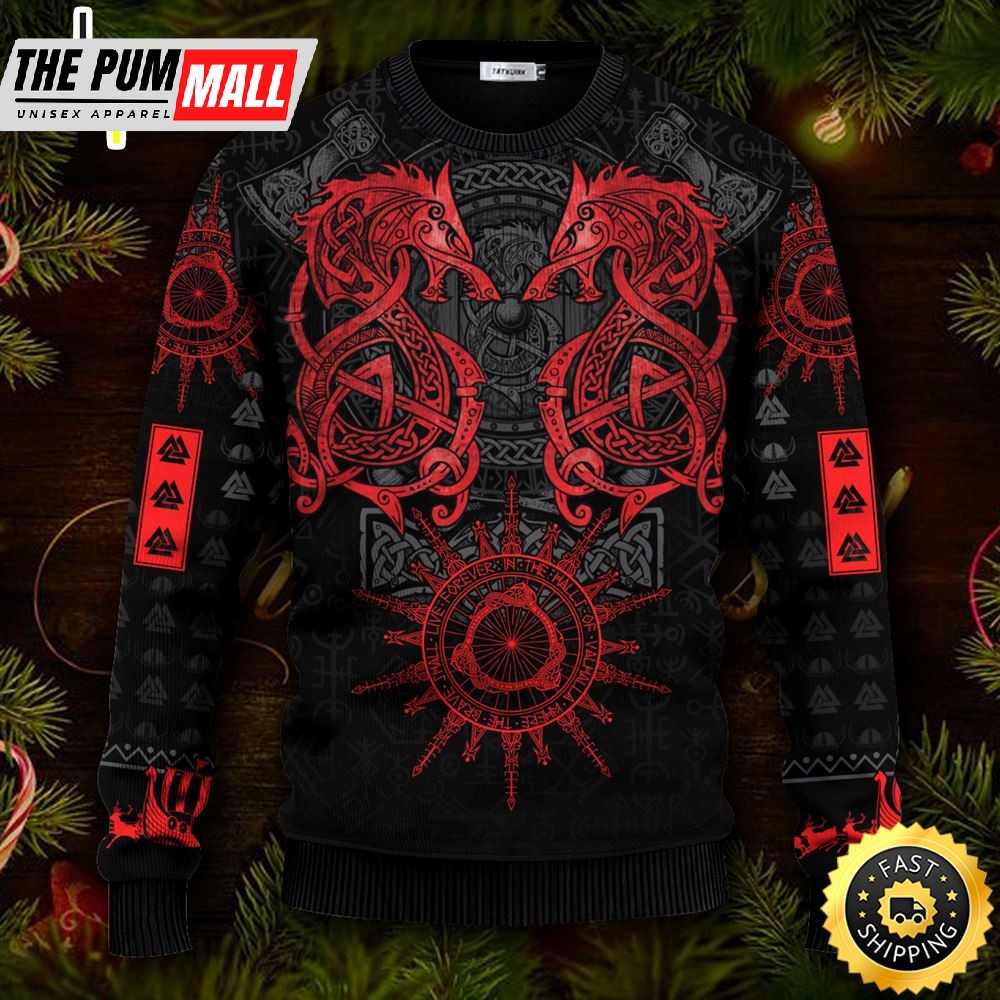Dragon Red Pattern Viking Ugly Christmas Skull Sweater Christmas