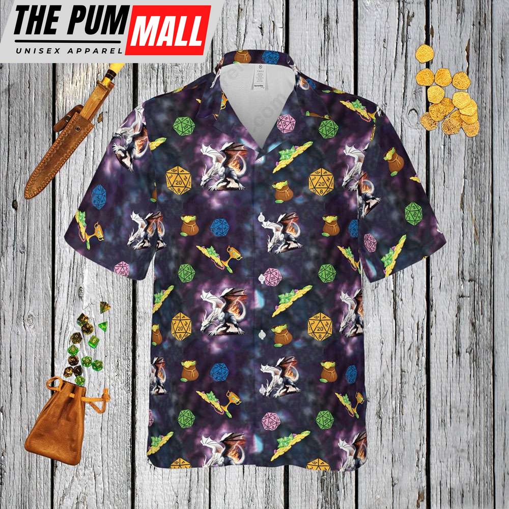 Dragon Treasure Button Up Hawaiian Shirt Dungeons and Dragons Gift