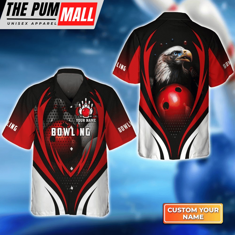 Eagle Bowling Team Hawaiian Shirt – Custom 3D Red Ball Design for Men & Women