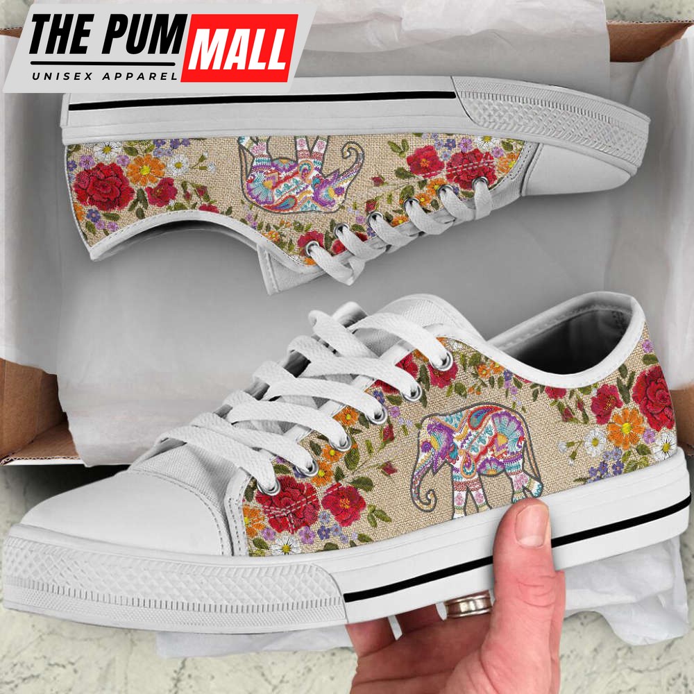 Elephant Embroidery Low Top Shoes Canvas Print Lowtop Casual Shoes Gift For Adults
