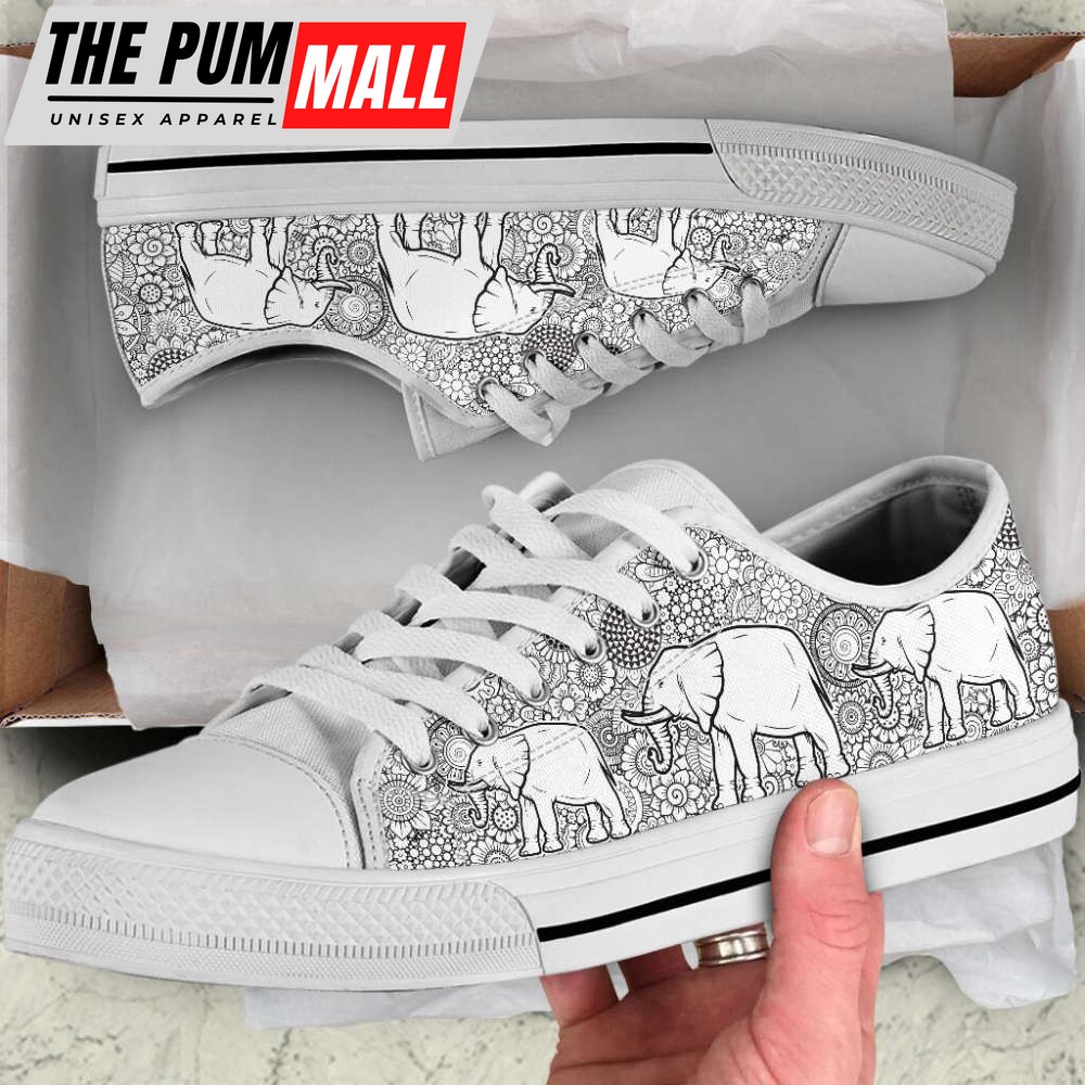 Elephant Motif Floral Low Top Shoes Canvas Print Lowtop Casual Shoes Gift For Adults