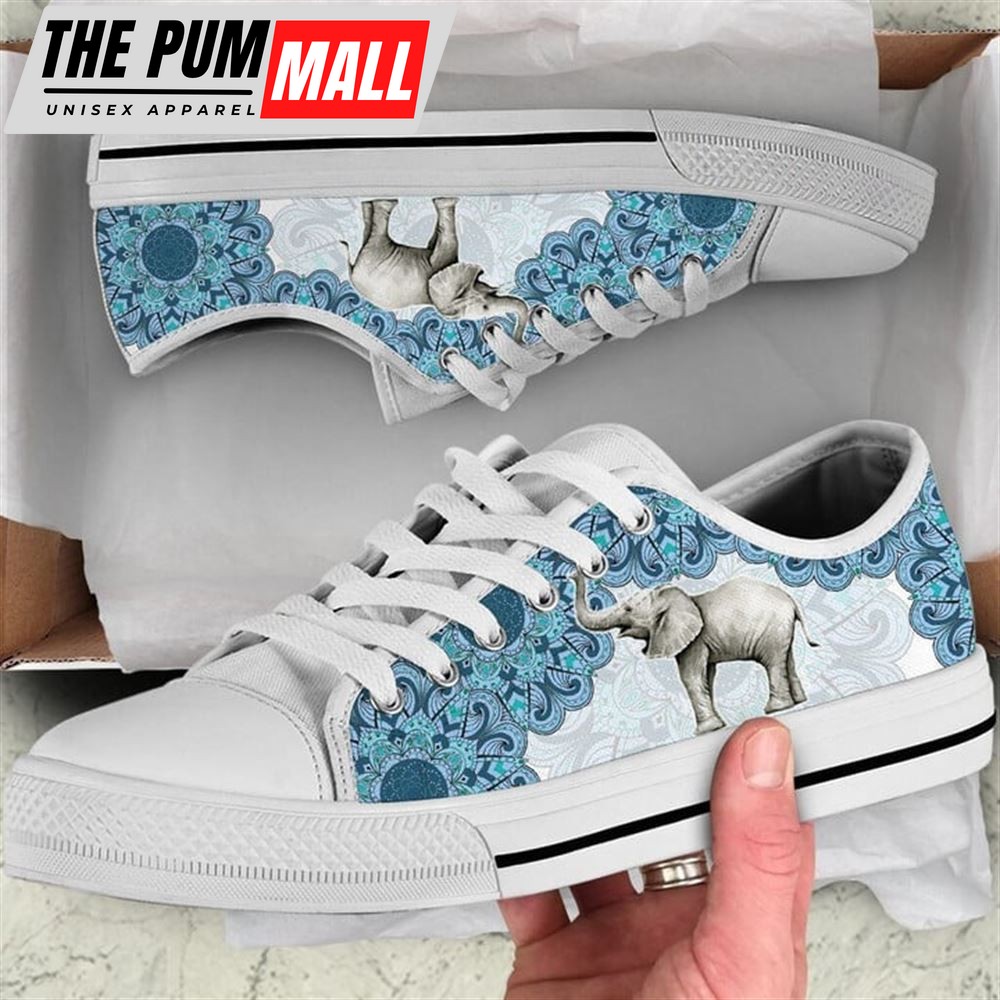 Elephant Watercolor Mandala Blue Canvas Low Top Shoes – Low Top Shoes Mens, Women
