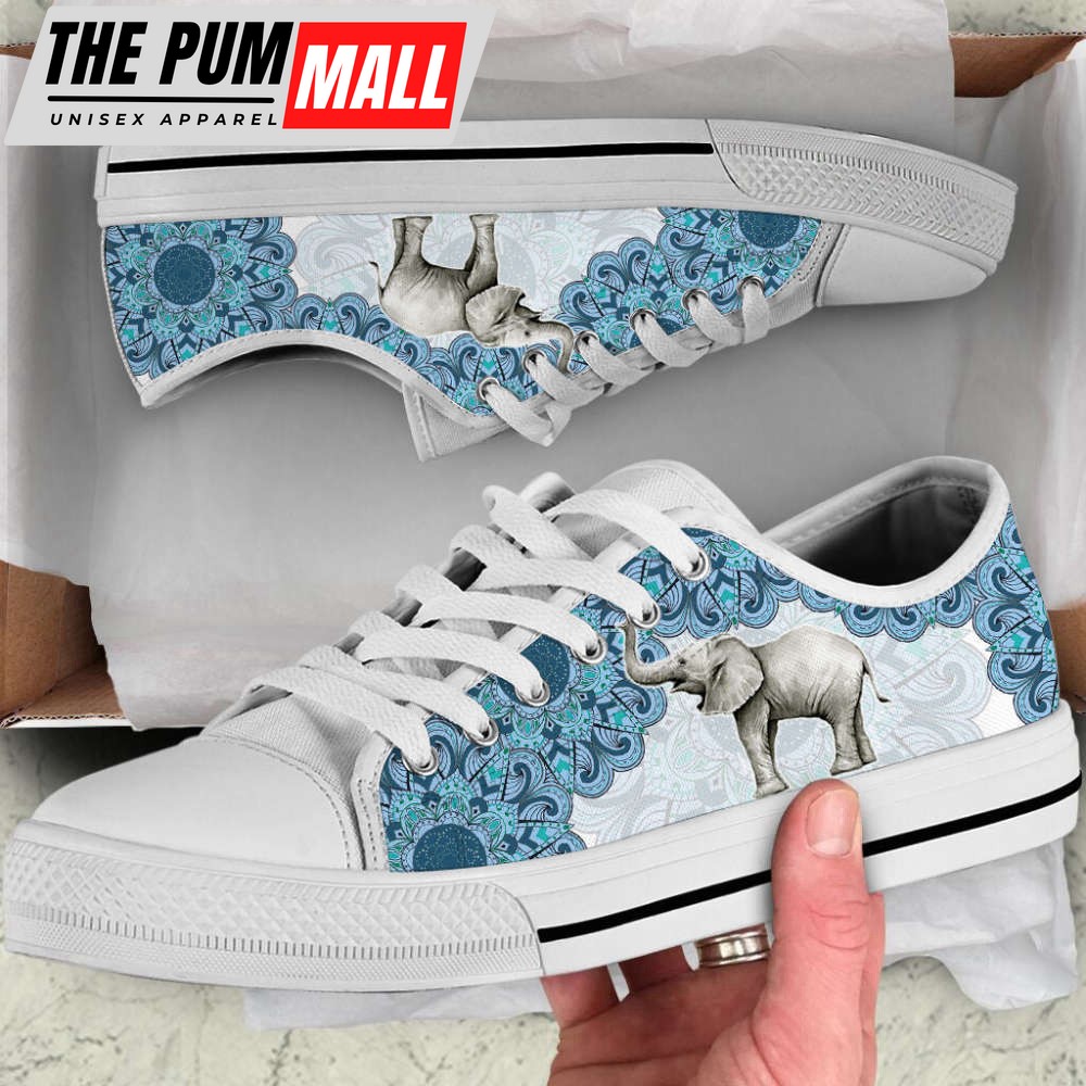 Elephant Watercolor Mandala Blue Low Top Canvas Print Shoes