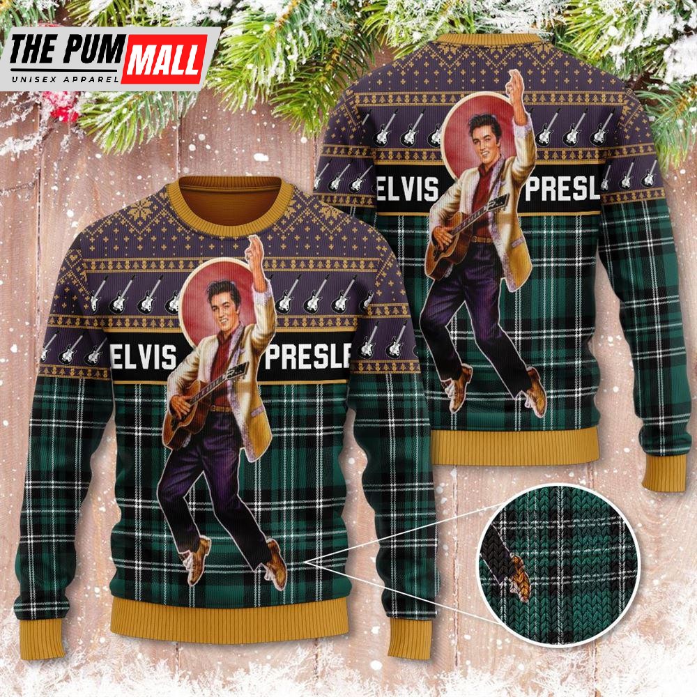 Elvis Presley Belt Buckle Sign With Rhinestone Ugly Christmas Sweater Gift For Christmas